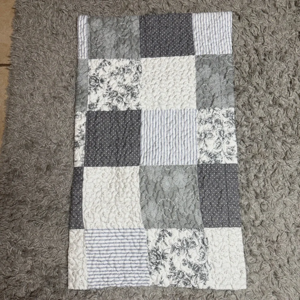 Patchwork Quilted King Pillow Sham Grey White Blue Floral Striped one